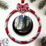 Northern Lights Aurora Borealis Metal Red Ribbon Round Ornament Front