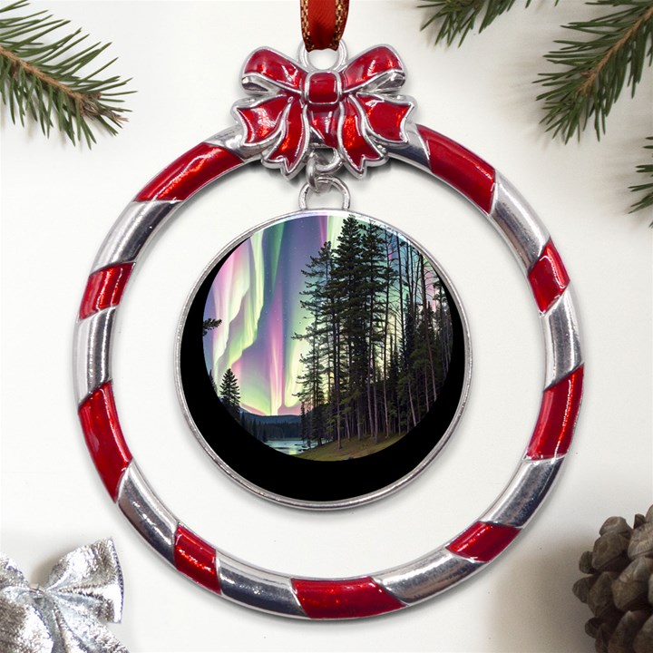 Northern Lights Aurora Borealis Metal Red Ribbon Round Ornament