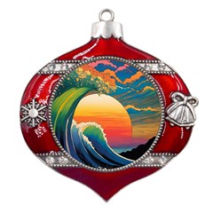 Waves Rainbow Sea Metal Snowflake And Bell Red Ornament by uniart180623