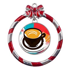 Coffee Tea Cappuccino Metal Red Ribbon Round Ornament by uniart180623