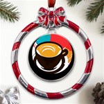 Coffee Tea Cappuccino Metal Red Ribbon Round Ornament Front