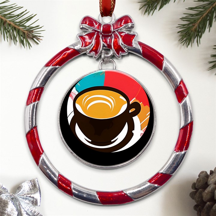 Coffee Tea Cappuccino Metal Red Ribbon Round Ornament