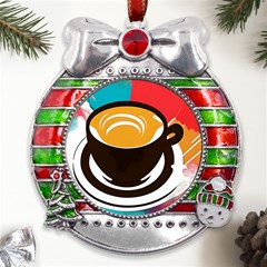 Coffee Tea Cappuccino Metal X mas Ribbon With Red Crystal Round Ornament by uniart180623