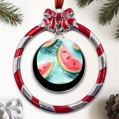 Watermelon Fruit Juicy Summer Heat Metal Red Ribbon Round Ornament