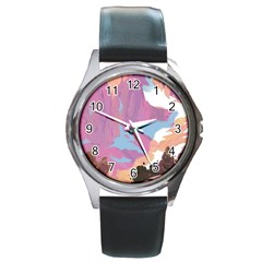 Pink Mountains Grand Canyon Psychedelic Mountain Round Metal Watch by uniart180623