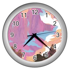 Pink Mountains Grand Canyon Psychedelic Mountain Wall Clock (silver) by uniart180623