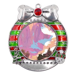 Pink Mountains Grand Canyon Psychedelic Mountain Metal X mas Ribbon With Red Crystal Round Ornament by uniart180623