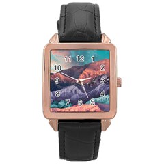 Adventure Psychedelic Mountain Rose Gold Leather Watch  by uniart180623