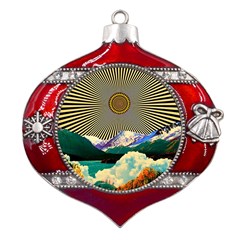 Surreal Art Psychadelic Mountain Metal Snowflake And Bell Red Ornament by uniart180623