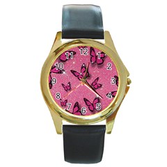 Pink Glitter Butterfly Round Gold Metal Watch