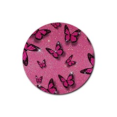 Pink Glitter Butterfly Rubber Round Coaster (4 Pack) by uniart180623