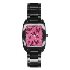 Pink Glitter Butterfly Stainless Steel Barrel Watch by uniart180623