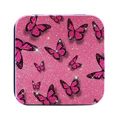 Pink Glitter Butterfly Square Metal Box (black) by uniart180623