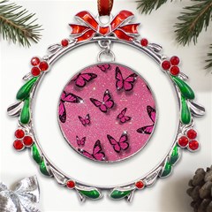 Pink Glitter Butterfly Metal X mas Wreath Ribbon Ornament