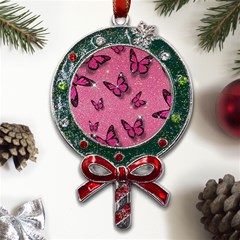 Pink Glitter Butterfly Metal X mas Lollipop With Crystal Ornament