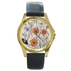 Flowers Pattern Plant Round Gold Metal Watch by pakminggu