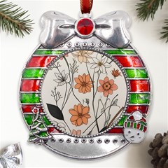 Flowers Pattern Plant Metal X mas Ribbon With Red Crystal Round Ornament