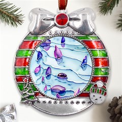 Water Tide Gemstone Metal X mas Ribbon With Red Crystal Round Ornament