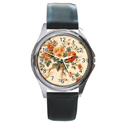 Flowers Leaves Swirl Plant Round Metal Watch