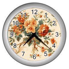 Flowers Leaves Swirl Plant Wall Clock (Silver)