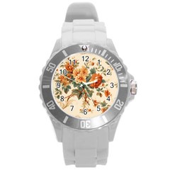 Flowers Leaves Swirl Plant Round Plastic Sport Watch (L)