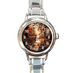 Trees Sunset Mist Round Italian Charm Watch by pakminggu