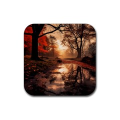 Trees Sunset Mist Rubber Coaster (square) by pakminggu