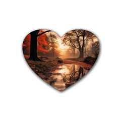 Trees Sunset Mist Rubber Coaster (heart) by pakminggu