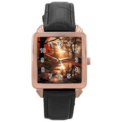 Trees Sunset Mist Rose Gold Leather Watch  by pakminggu