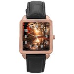 Trees Sunset Mist Rose Gold Leather Watch  Front