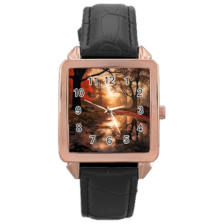 Trees Sunset Mist Rose Gold Leather Watch 