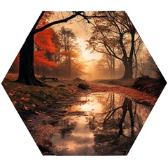 Trees Sunset Mist Wooden Puzzle Hexagon by pakminggu