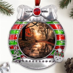 Trees Sunset Mist Metal X mas Ribbon With Red Crystal Round Ornament