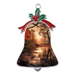 Trees Sunset Mist Metal Holly Leaf Bell Ornament by pakminggu