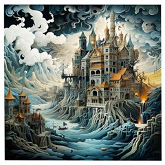 Castle Storm Sea Wooden Puzzle Square by pakminggu