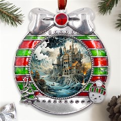 Castle Storm Sea Metal X mas Ribbon With Red Crystal Round Ornament