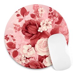 Red Pink Flower Petal Leaves Round Mousepad by pakminggu