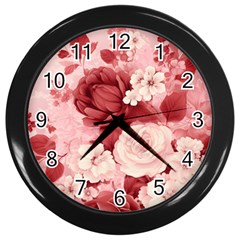 Red Pink Flower Petal Leaves Wall Clock (black) by pakminggu