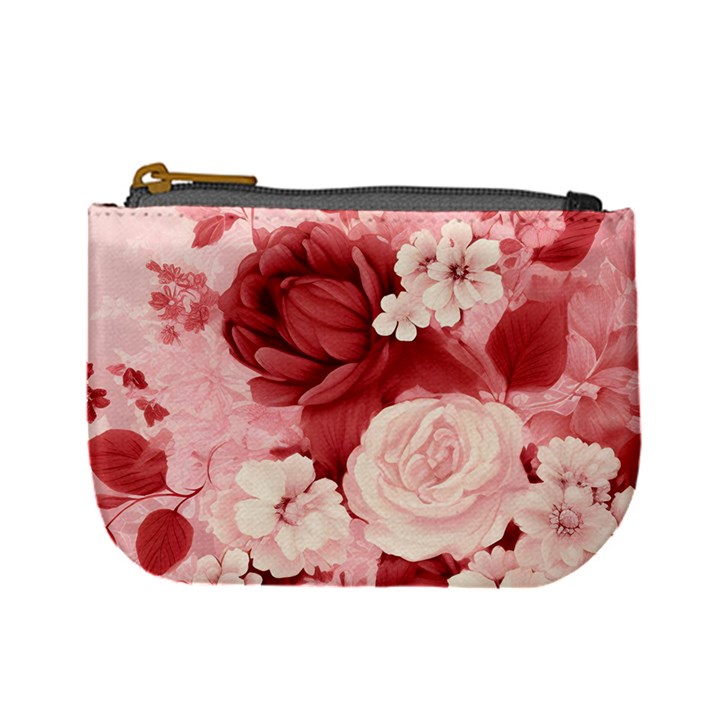 Red Pink Flower Petal Leaves Mini Coin Purse