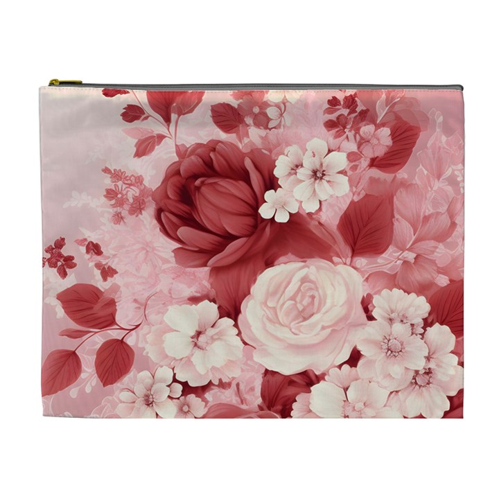 Red Pink Flower Petal Leaves Cosmetic Bag (XL)