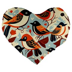 Vintage Birds Pattern Large 19  Premium Heart Shape Cushions by Valentinaart