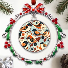 Vintage Birds Pattern Metal X mas Wreath Ribbon Ornament