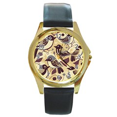 Vintage Birds Pattern Round Gold Metal Watch