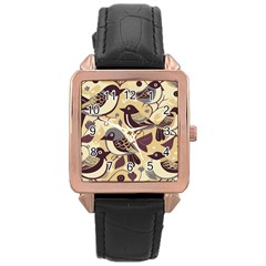 Vintage Birds Pattern Rose Gold Leather Watch  by Valentinaart