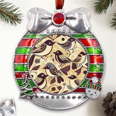 Vintage Birds Pattern Metal X mas Ribbon With Red Crystal Round Ornament