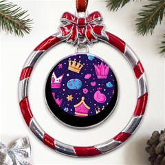 Pattern Royal Crowns Metal Red Ribbon Round Ornament by pakminggu