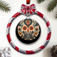 Flower Leaves Floral Metal Red Ribbon Round Ornament by pakminggu