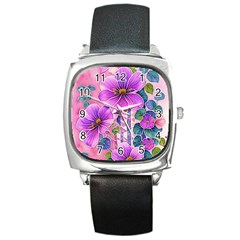 Flowers Leaves Square Metal Watch