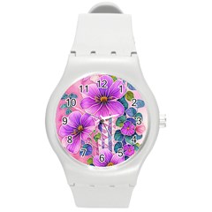 Flowers Leaves Round Plastic Sport Watch (M)