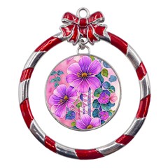 Flowers Leaves Metal Red Ribbon Round Ornament